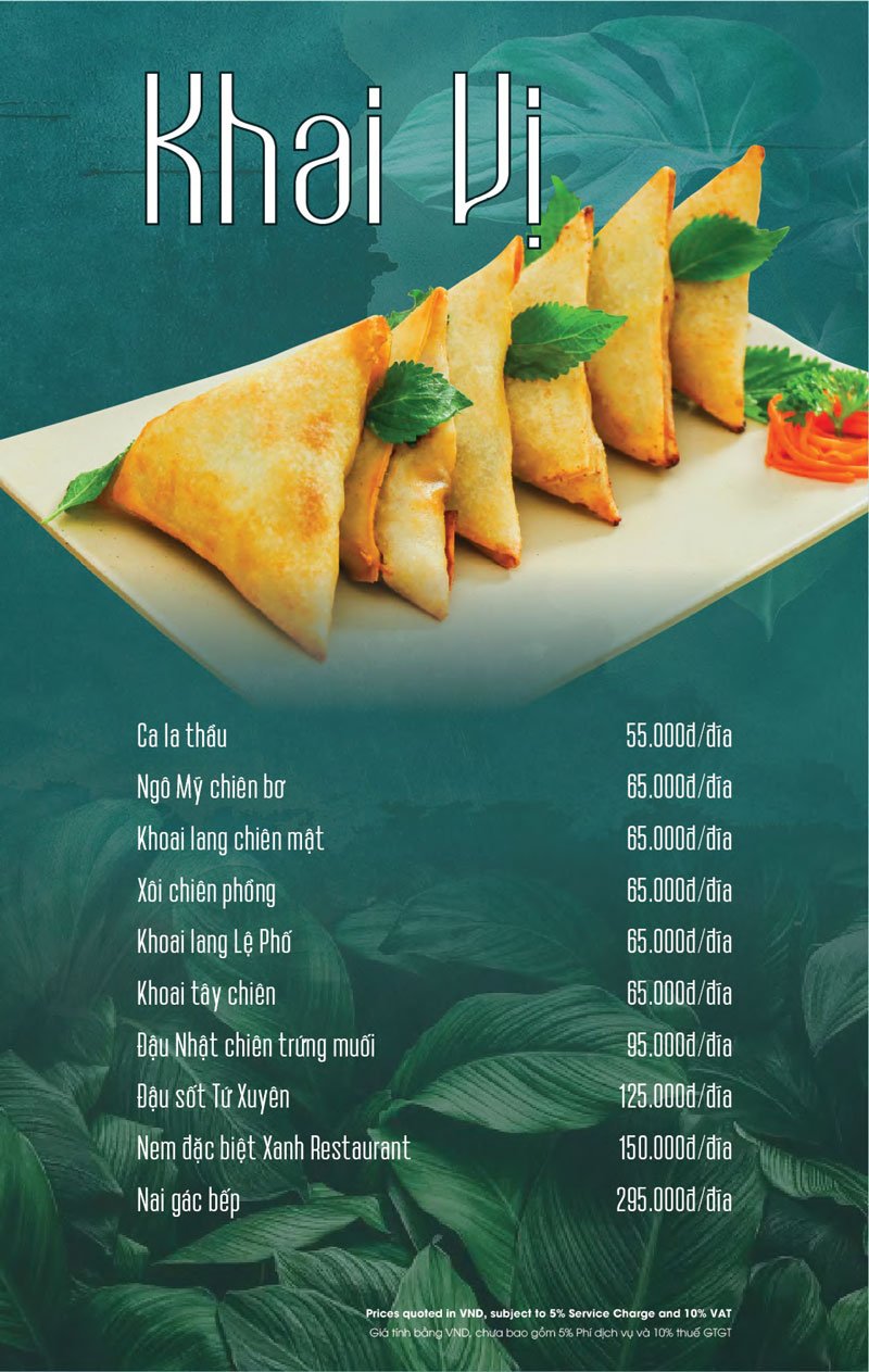 Menu nhà hàng Xanh