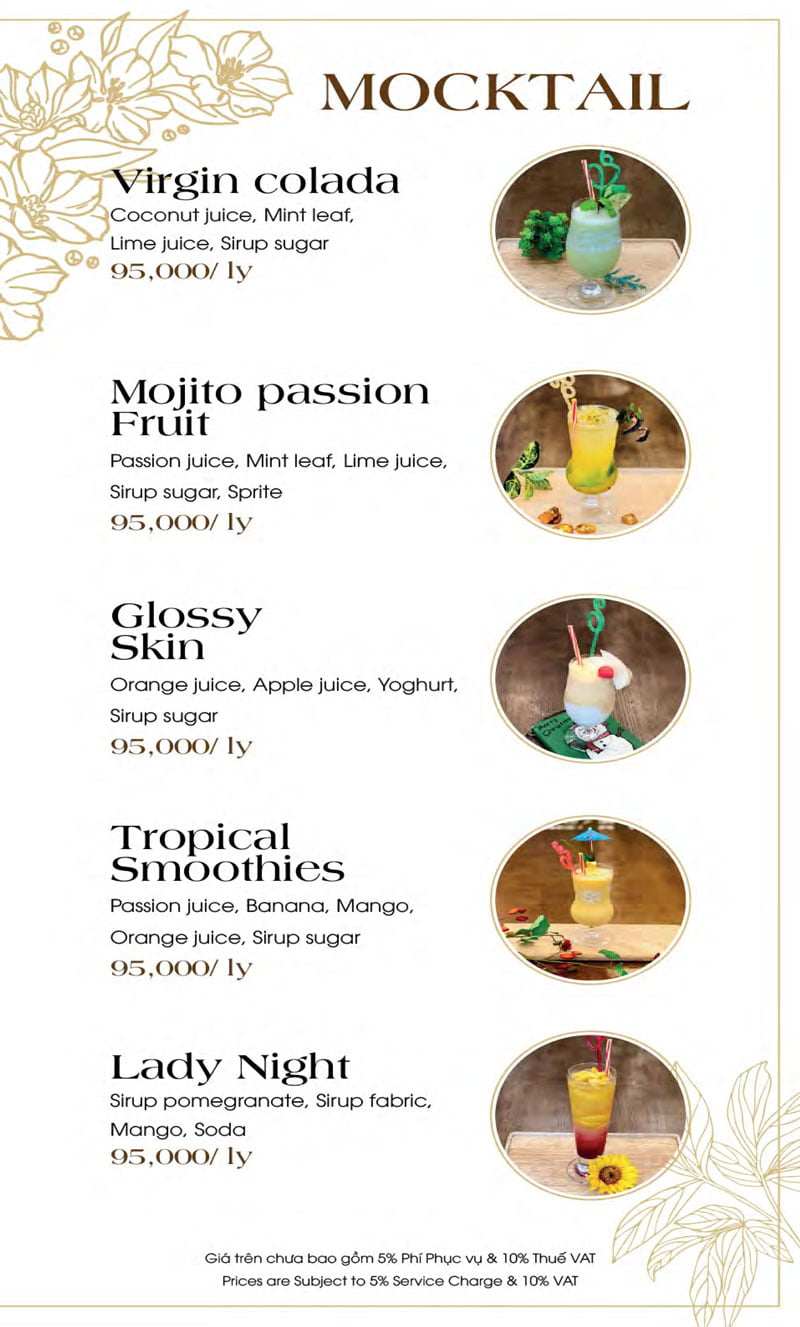 Menu Ăn sáng - Drinks list Biệt thự số 1